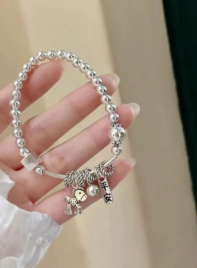 复古马上有钱银手链S925纯银女圆柱弹力手工单圈平安手串生日礼物