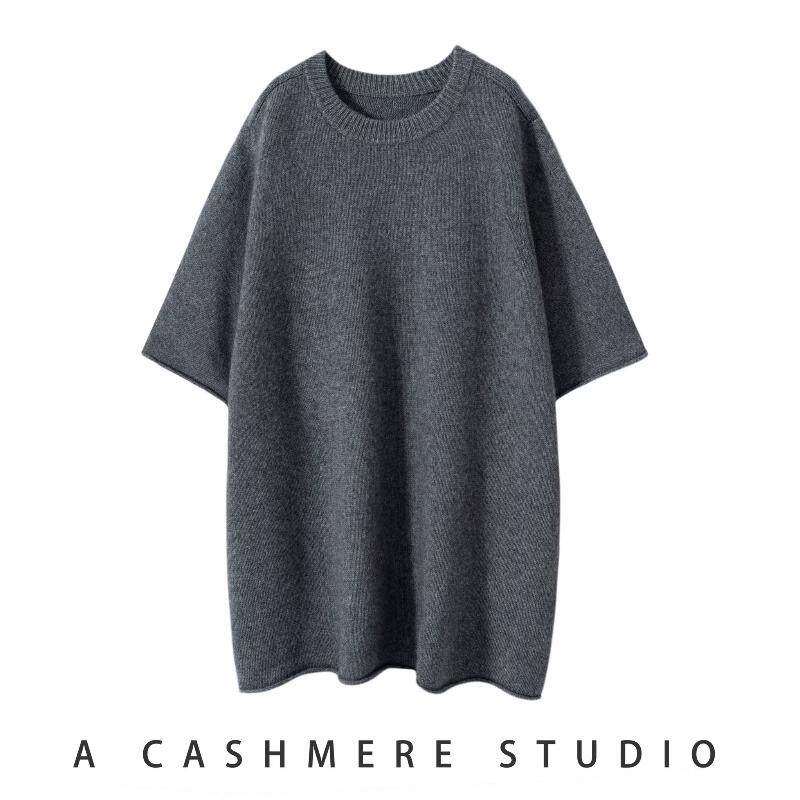 羊范柔糯亲肤山羊绒短袖女宽松廓形设计针织半袖大气简约卷边袖,淘宝优惠券,粉丝福利购,淘宝优惠卷