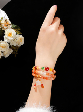 天然金丝玉玛瑙南瓜珠多圈手链多层叠戴显白百搭复古风手串饰品女