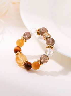 天然水晶虎眼石串珠戒指国潮小众时尚新中式戒圈手工串珠多色指环