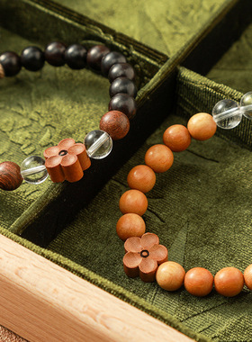 天然绿檀木五瓣花手链 手工雕刻文艺风手串 男女款清新木质饰品