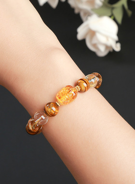 5A天然黄虎眼石黄水晶蜜蜡貔貅手链三石聚财貔貅纳福招财转运手串