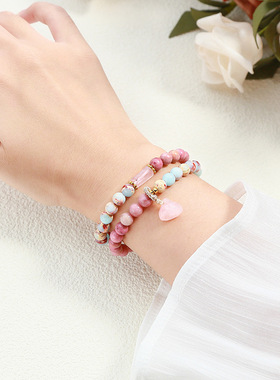 5A天然三石双圈手链 红纹招桃花+粉晶旺人缘+寿山石纳福 百搭手串