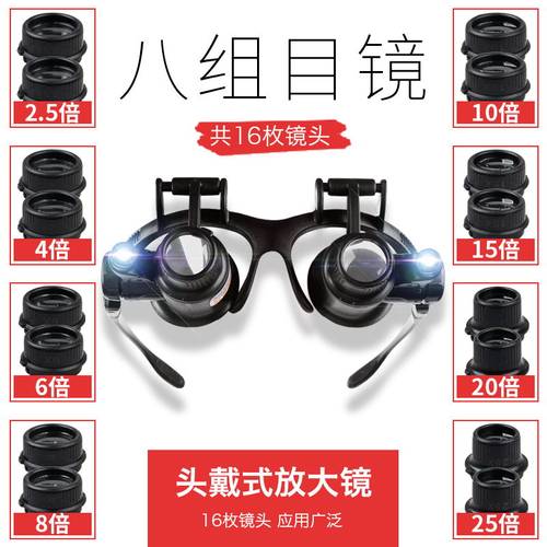 拜斯特头戴眼镜式维修放大镜led带灯双眼8组目镜检验高珠宝电子路 - 图3