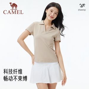 骆驼短袖T恤女装夏季新款显瘦设计感高弹透气v领休闲运动polo上衣
