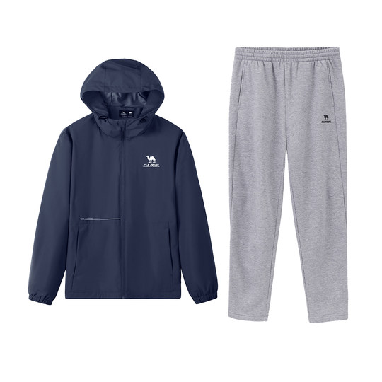 骆驼运动套装男冬季户外防泼水夹克连帽外套登山针织长裤两件套