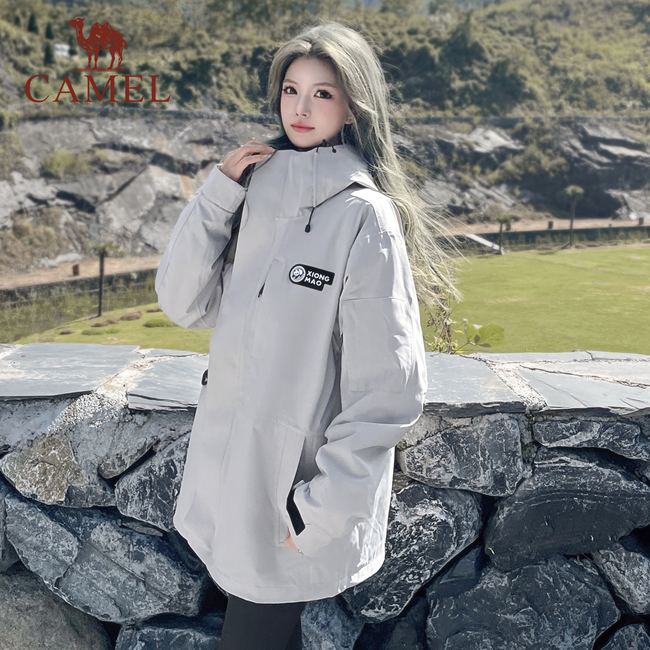 骆驼熊猫户外三合一冲锋衣女2025春新款防风防水加绒登山服外套