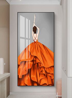 玄关装饰画现代简约镶钻画轻奢风美女橙色客厅晶瓷画走廊过道挂画