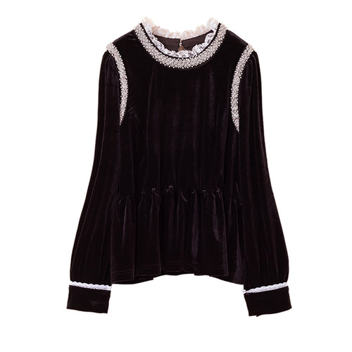 大码女装金丝绒衬衫2024秋冬胖MM收腰显瘦气质圆领高级感钉钻上衣 - 图3