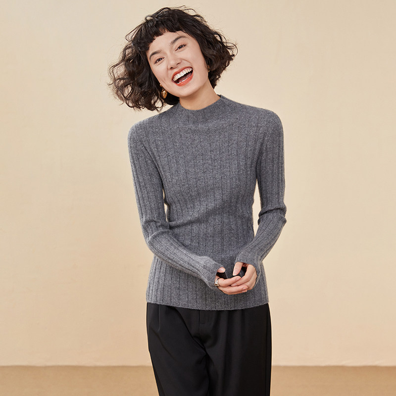 极简风半高领羊绒衫女套头修身坑条针织打底衫保暖毛衣,淘宝优惠券,粉丝福利购,淘宝优惠卷