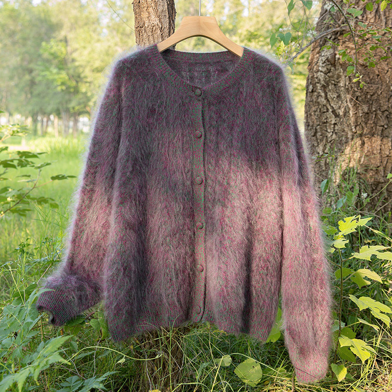 山羊绒花纱绞花开衫女宽松慵懒风圆领纽扣毛绒针织外套加厚,淘宝优惠券,粉丝福利购,淘宝优惠卷