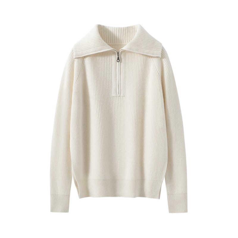 山羊绒衫女下摆开叉翻领半拉链针织套头毛衣百搭通勤风长袖上衣,淘宝优惠券,粉丝福利购,淘宝优惠卷