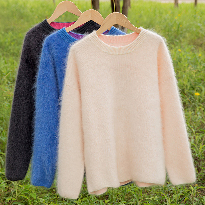 山羊绒衫女圆领宽松加厚拉绒毛衣慵懒风长袖套头衫百搭,淘宝优惠券,粉丝福利购,淘宝优惠卷