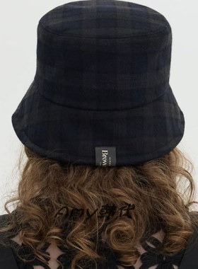 Amy韩国代购Brown hat Reversible Bucket Hat双面羊毛格纹渔夫帽