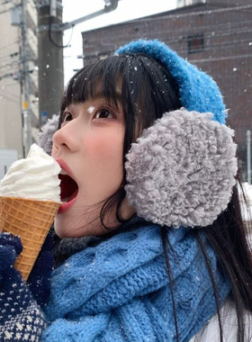 北海道风冬季蓝色羊羔毛耳罩女冬季加厚毛绒保暖防寒防冻骑车耳包
