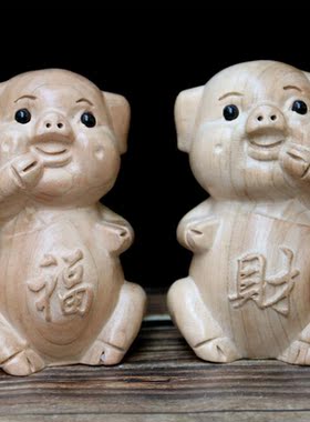 正宗桃木雕刻猪摆件十二生肖风水属相实木木质可爱猪头工艺品
