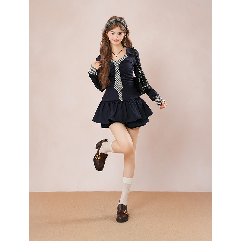 牧野胶片 纯欲辣妹格纹领长袖t恤季性感收腰上衣+半身裙两件套秋 - 图1