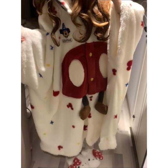 少女可爱卡通毛绒睡裙睡衣女秋冬季新款珊瑚绒家居服连帽加厚睡袍