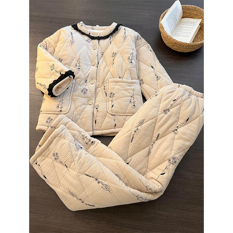 简约花朵三层夹棉加绒加厚睡衣女2025年秋冬季新款保暖家居服套装,淘宝优惠券,粉丝福利购,淘宝优惠卷