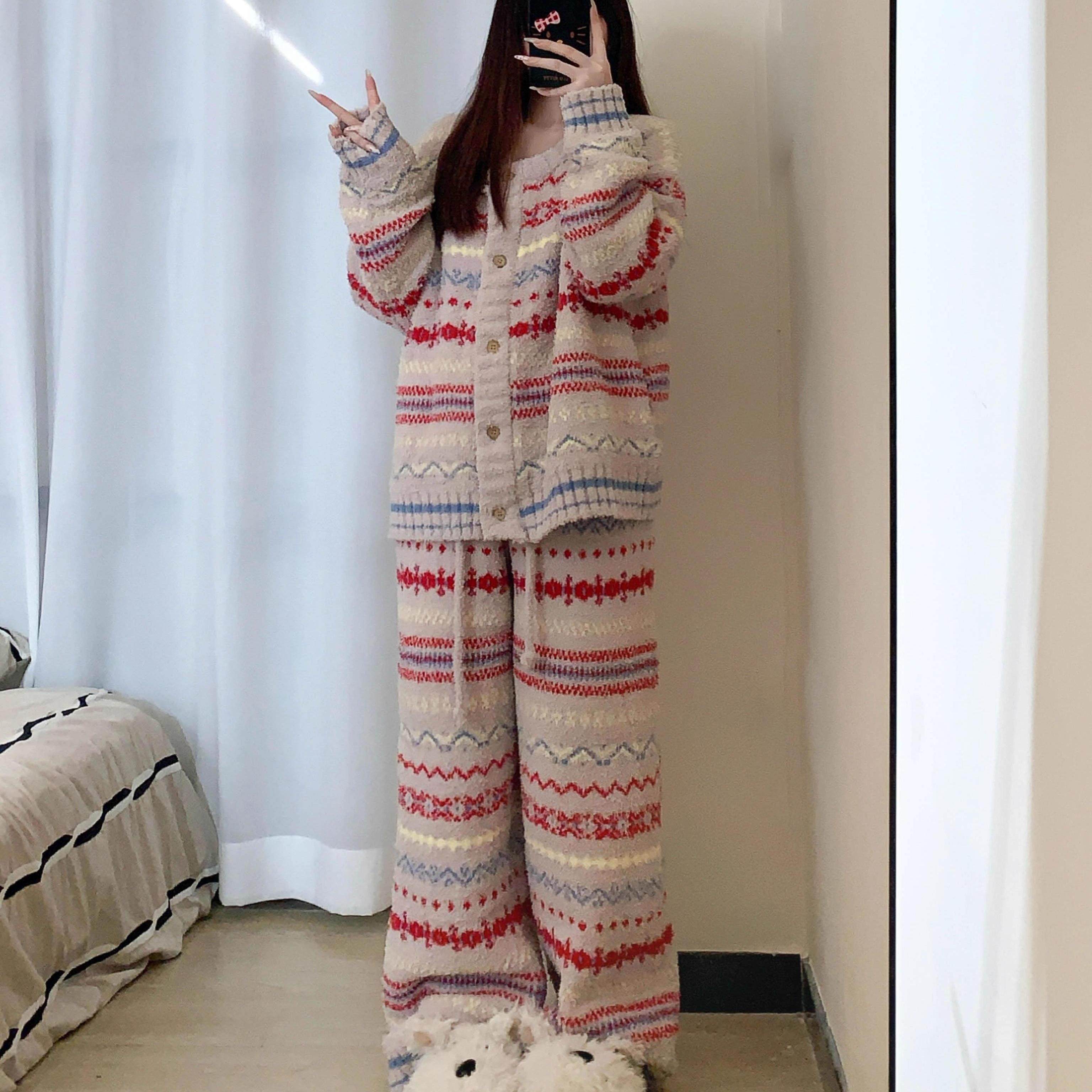 冬日大码保暖睡衣女2024冬季新款针织半边绒彩色条纹家居服两件套,淘宝优惠券,粉丝福利购,淘宝优惠卷