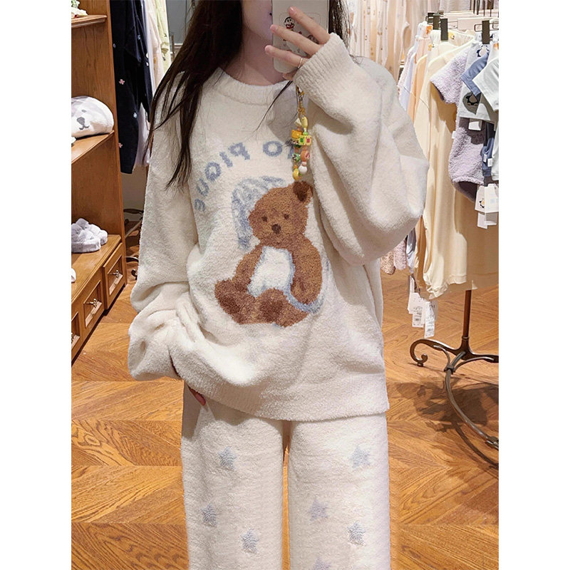 韩系ins可爱小熊印花半边绒睡衣女秋冬季新款家居服加厚套装外穿,淘宝优惠券,粉丝福利购,淘宝优惠卷