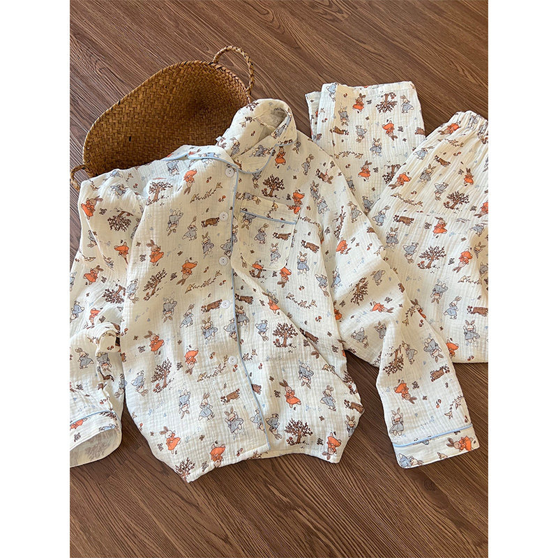 可爱兔子碎花印花棉纱长袖开衫睡衣女春秋款新款家居服套装可外穿,淘宝优惠券,粉丝福利购,淘宝优惠卷