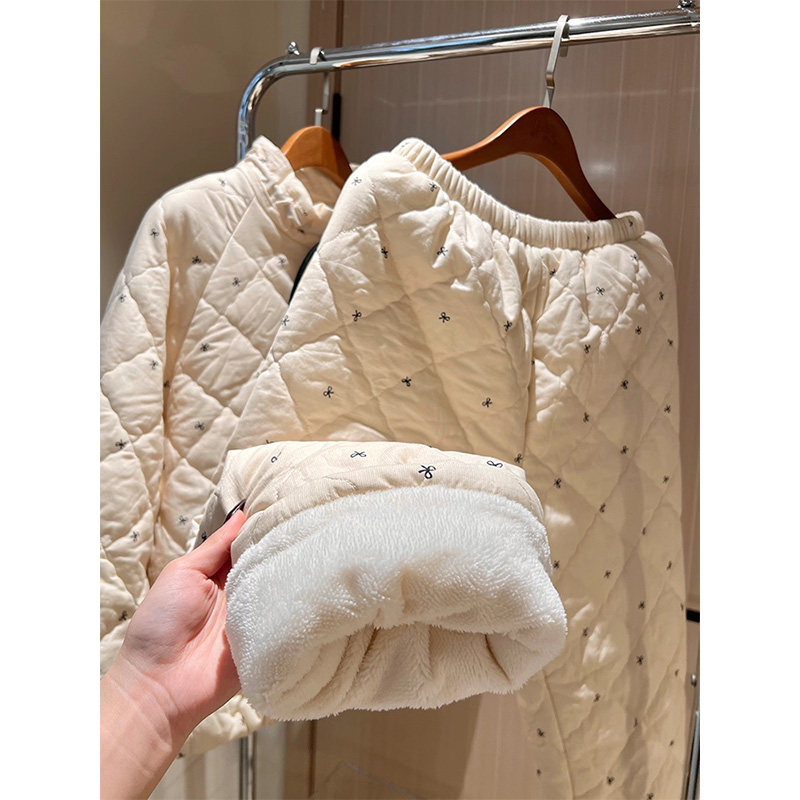 韩版少女蝴蝶结印花翻领夹棉长袖睡衣女秋冬季新款加厚家居服套装,淘宝优惠券,粉丝福利购,淘宝优惠卷