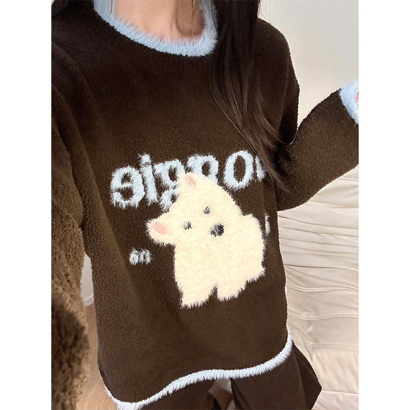 软萌可爱小狗半边绒长袖睡衣女秋冬季新款家居服大码加厚套装外穿,淘宝优惠券,粉丝福利购,淘宝优惠卷