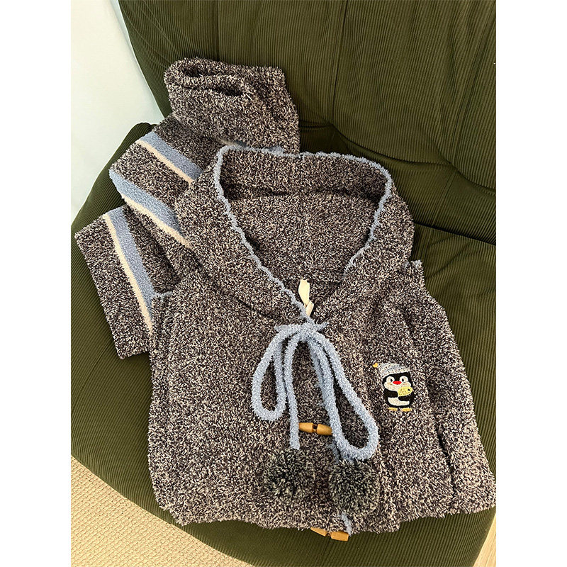 韩版慵懒风少女半边绒长袖开衫睡衣女秋冬季新款条纹家居服两件套,淘宝优惠券,粉丝福利购,淘宝优惠卷