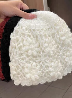 手工钩花包头帽女秋冬新款保暖显脸小套头帽氛围感针织百搭毛线帽