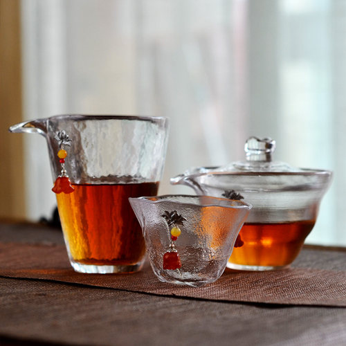 日式纯锡梅花耐热玻璃茶具套装茶漏品茶杯公道杯盖碗功夫茶具配件 - 图2