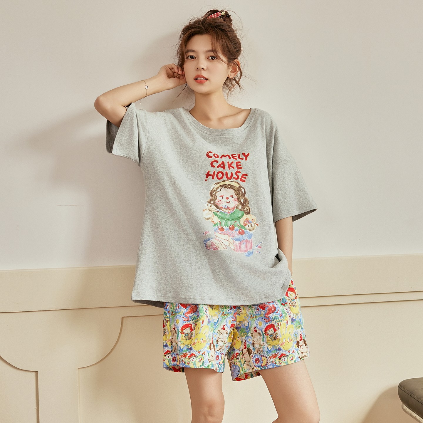 女款夏季睡衣纯棉带胸垫一体短袖短裤可爱卡通韩版少女学生家居服,淘宝优惠券,粉丝福利购,淘宝优惠卷