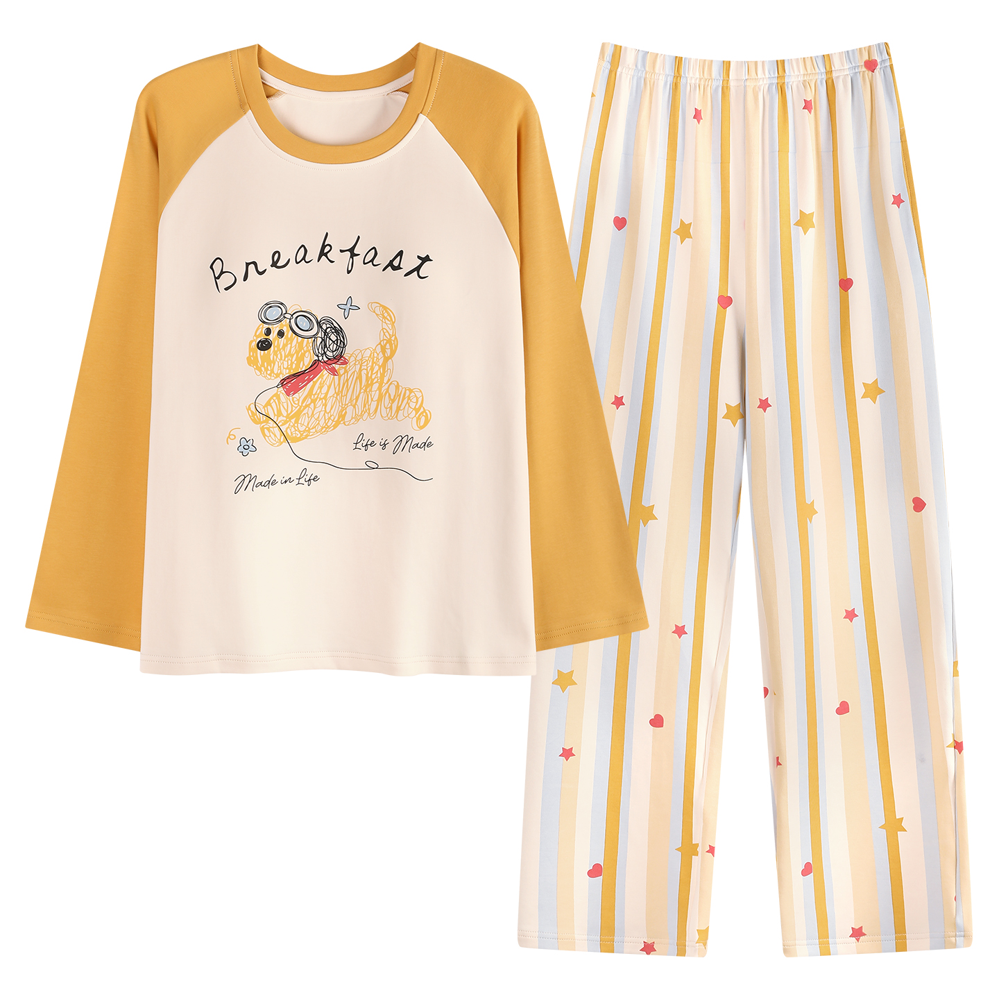 纯棉长袖睡衣女秋季带胸垫可爱卡通款圆领套头春秋天家居服可外穿