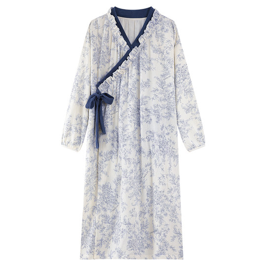 纯棉带胸垫睡裙女款春秋季长袖睡衣系带日系甜美云朵棉中长款睡袍