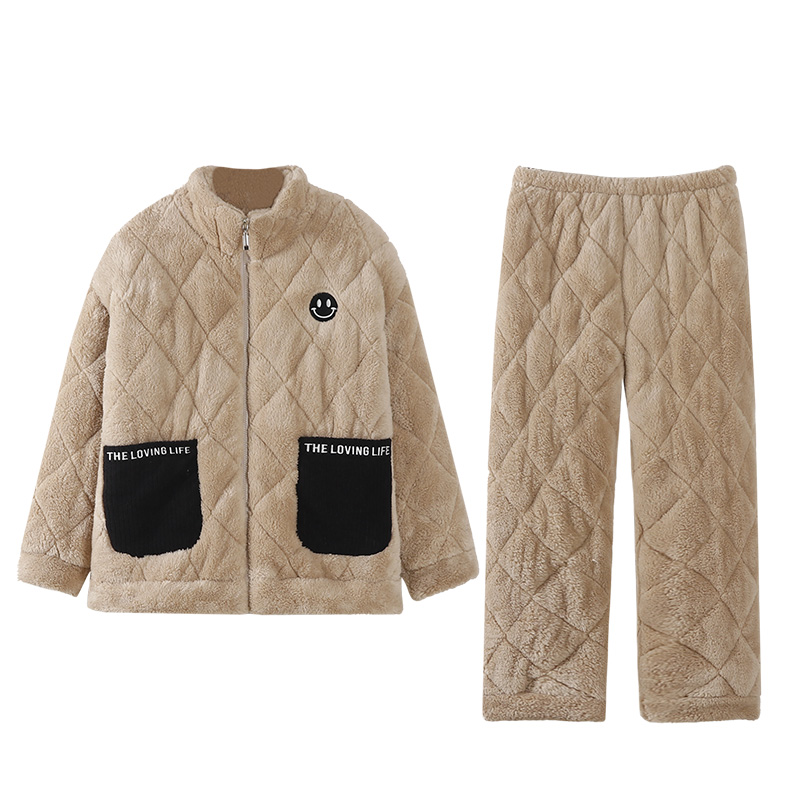 珊瑚绒睡衣女款冬季三层夹棉加绒加厚冬天保暖开衫拉链套装家居服 - 图3