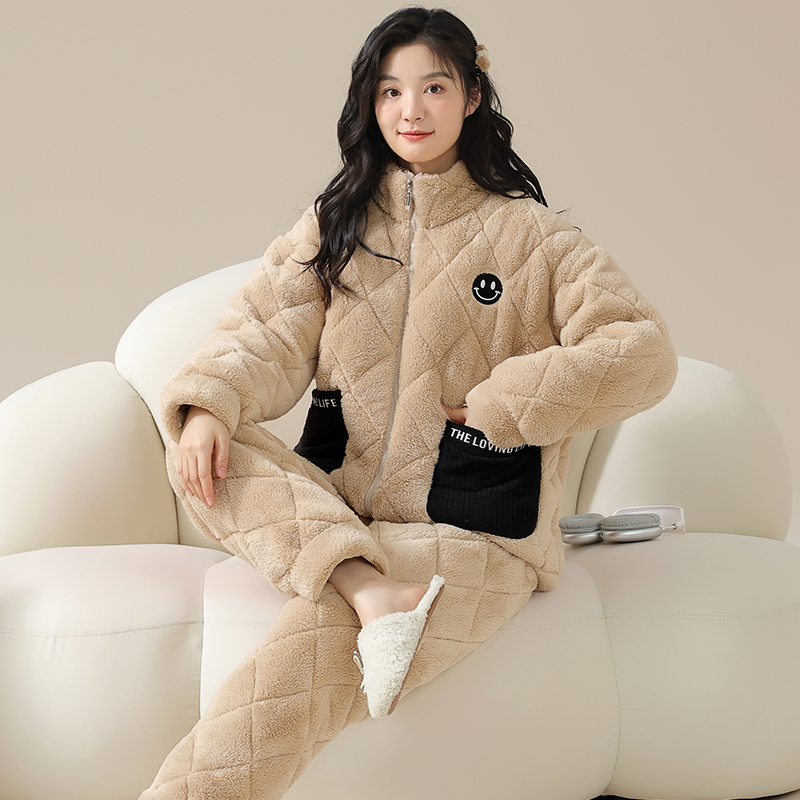 珊瑚绒睡衣女款冬季三层夹棉加绒加厚冬天保暖开衫拉链套装家居服 - 图2