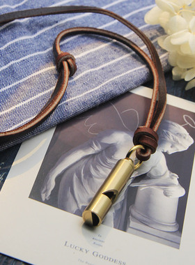 复古文艺黄铜口哨牛皮绳项链