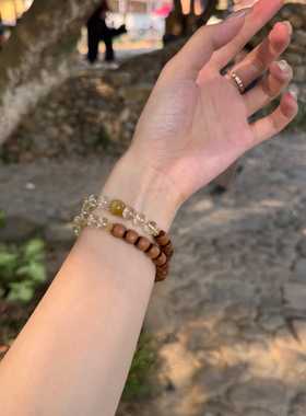 五路财神天然老山檀招财黄水晶双圈手串男女款招财手链小众设计