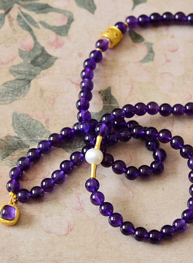 乌拉圭天然紫水晶多圈手链女款时尚复古纯银鎏金项链手串送礼物