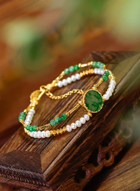 天然翡翠A货辣绿盘珠手链女淡水珍珠纯银鎏金双层手串女款无事牌