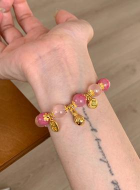 招财纳福纯银天然粉水晶手链樱花雨蔷薇石桃花财富手串闺蜜礼物