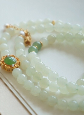 素岚天然和田玉晴水多圈手串古法银原创设计国潮时尚手链女款碧玉