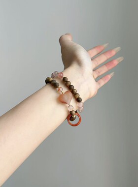 天然南红玛瑙爱心手链奇楠沉香木双圈手串女款爆款屁桃可爱百搭