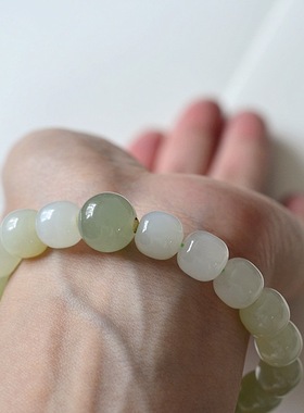 18k金天然和田玉晴水渐变单圈手链女款时尚复古手串轻奢好运宝石