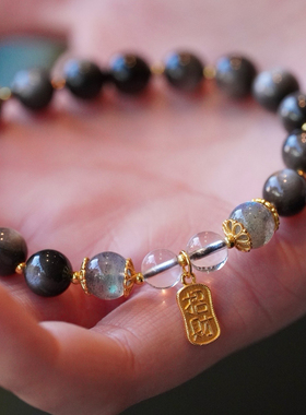 天然水晶黑曜石银耀石手串女时尚百搭单圈手链招财送闺蜜生日礼物