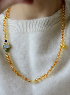 天然黄水晶三圈手链女款翡翠弥勒佛原创设计高级感招财转运珠正品