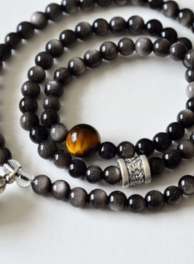 原创天然银曜石多圈手串男女款六字箴言手链黑曜石项链生日礼物