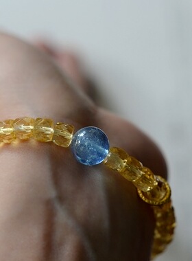 原矿刻面天然黄水晶招财手链寓意好运海蓝宝手串单圈女款原创设计