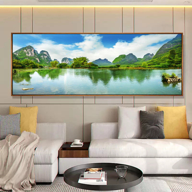 现代简约客厅装饰画沙发背景墙山水风景挂画大气流水靠山招财壁画_虎窝淘