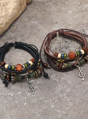 复古民族风星星珠子真皮编织手绳手链女情侣礼物可调节手环手饰品
